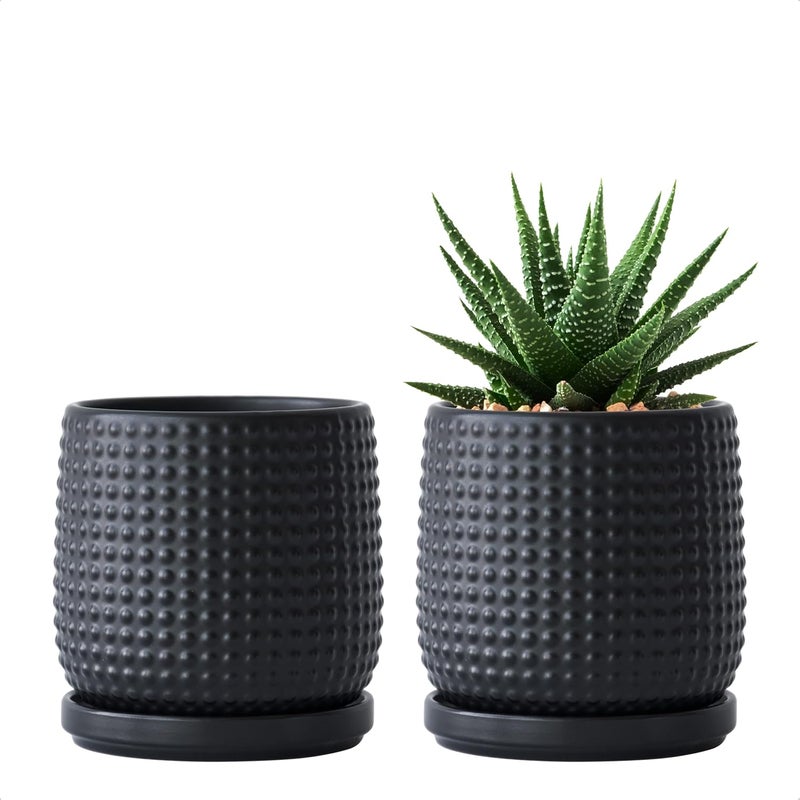 D'vine Dev Set of 2 Ceramic Plants Pots, 4 Inch Beaded Stoneware Flower Pot for Plants with Drainage Hole and Saucer, Ebony Matte, 27-E-Z-6 - Image 1