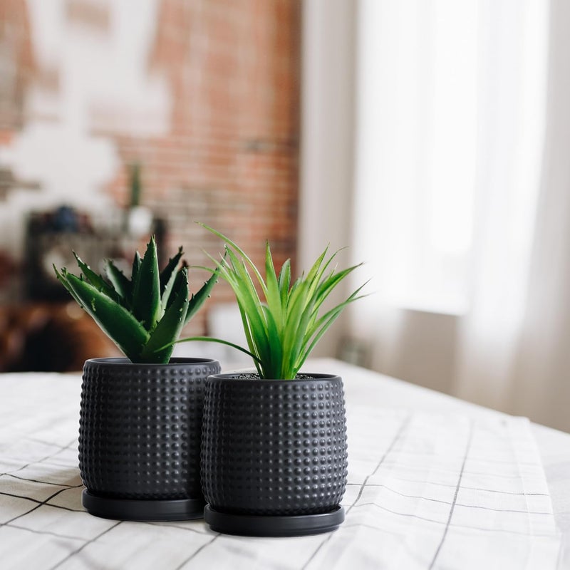 D'vine Dev Set of 2 Ceramic Plants Pots, 4 Inch Beaded Stoneware Flower Pot for Plants with Drainage Hole and Saucer, Ebony Matte, 27-E-Z-6 - Image 3