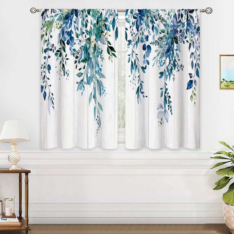 Oolygoo Farmhouse Teal Eucalyptus Small Kitchen Curtains Blue Leaves Window Treatment Turquoise Wooden Cafe Short Curtains for Bathroom Dining Laundry Room Botanical Tier Treatment Drapes 27.5x39 inch - Image 4