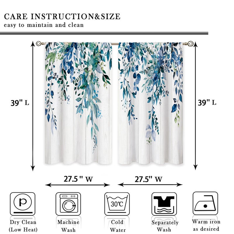 Oolygoo Farmhouse Teal Eucalyptus Small Kitchen Curtains Blue Leaves Window Treatment Turquoise Wooden Cafe Short Curtains for Bathroom Dining Laundry Room Botanical Tier Treatment Drapes 27.5x39 inch - Image 2