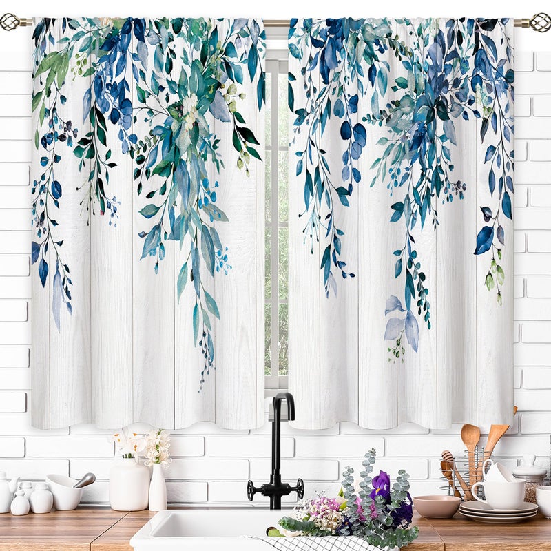 Oolygoo Farmhouse Teal Eucalyptus Small Kitchen Curtains Blue Leaves Window Treatment Turquoise Wooden Cafe Short Curtains for Bathroom Dining Laundry Room Botanical Tier Treatment Drapes 27.5x39 inch - Image 3