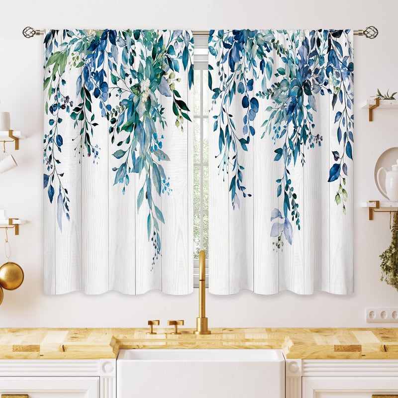 Oolygoo Farmhouse Teal Eucalyptus Small Kitchen Curtains Blue Leaves Window Treatment Turquoise Wooden Cafe Short Curtains for Bathroom Dining Laundry Room Botanical Tier Treatment Drapes 27.5x39 inch - Image 1