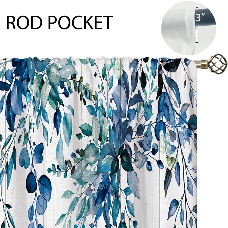 Oolygoo Farmhouse Teal Eucalyptus Small Kitchen Curtains Blue Leaves Window Treatment Turquoise Wooden Cafe Short Curtains for Bathroom Dining Laundry Room Botanical Tier Treatment Drapes 27.5x39 inch - Image 5