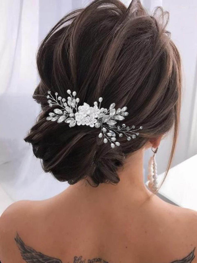 Unsutuo Flower Bride Wedding Hair Comb Silver Crystal Bridal Hair Piece Rhinestone Hair Accessories for Women