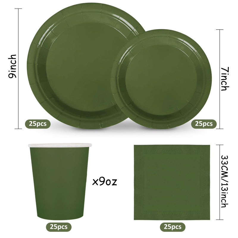 Whaline 100Pcs Olive Green Tableware Set Wedding Disposable Dinnerware Set 50Pcs Paper Plates 25Pcs Napkin 25Pcs Cups for Birthday Bride Shower Party Supplies Table Decorations - Image 2