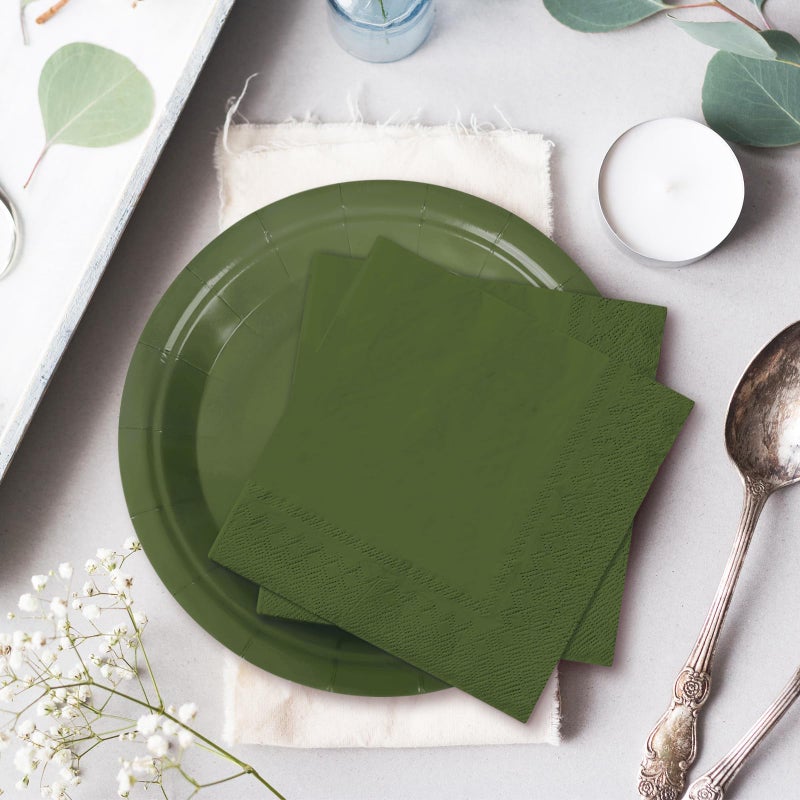 Whaline 100Pcs Olive Green Tableware Set Wedding Disposable Dinnerware Set 50Pcs Paper Plates 25Pcs Napkin 25Pcs Cups for Birthday Bride Shower Party Supplies Table Decorations - Image 5