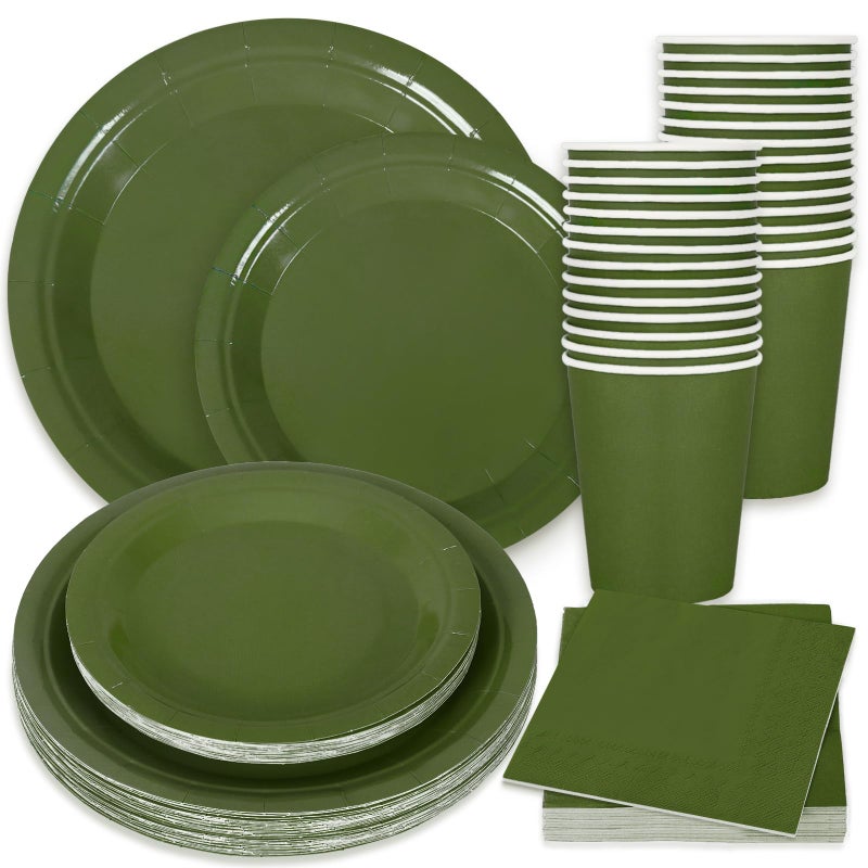 Whaline 100Pcs Olive Green Tableware Set Wedding Disposable Dinnerware Set 50Pcs Paper Plates 25Pcs Napkin 25Pcs Cups for Birthday Bride Shower Party Supplies Table Decorations - Image 1