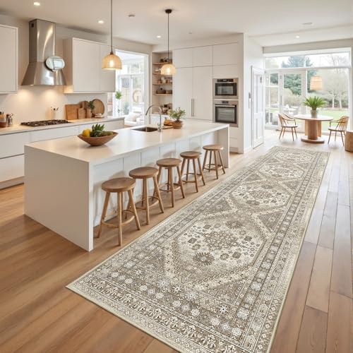 Restydon Runner Rug 2x10, Ultra-Thin Kitchen Rugs Non Slip Washable Rugs for Entryway Rug, Kitchen Runner Low Pile Vintage Soft Carpets for Living Room, Bathroom Bedroom (Brown,2'x10') - Image 1