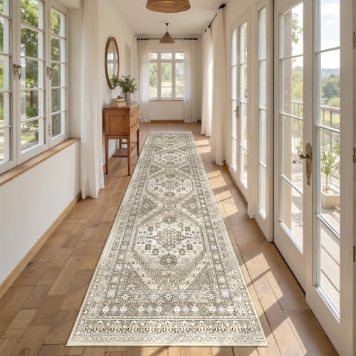 Restydon Runner Rug 2x10, Ultra-Thin Kitchen Rugs Non Slip Washable Rugs for Entryway Rug, Kitchen Runner Low Pile Vintage Soft Carpets for Living Room, Bathroom Bedroom (Brown,2'x10') - Image 2