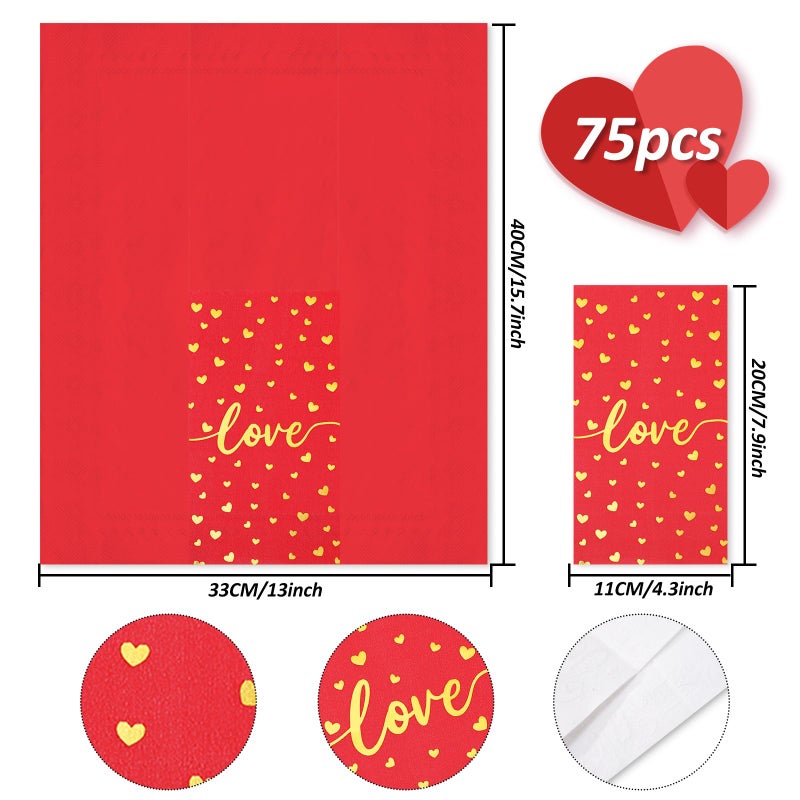 Whaline Whaline 75Pcs Valentine's Day Guest Paper Napkins Red Pink Gold Foil 3 Ply Disposable Napkins Love XOXO Kisses Dinner Hand Towel Napkins for Holiday Wedding Anniversary Party Supplies  - Image 2