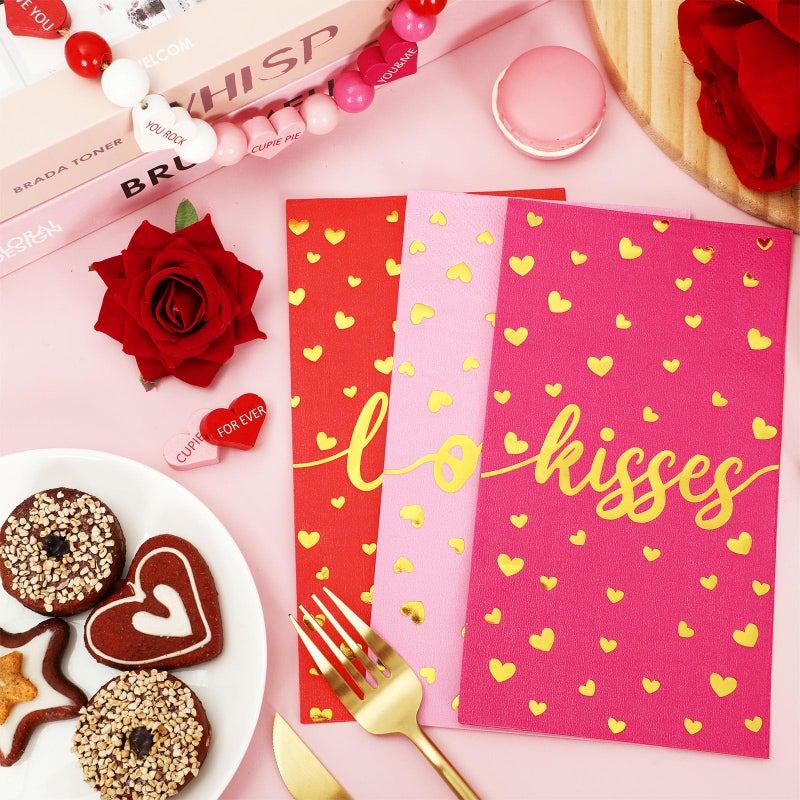 Whaline Whaline 75Pcs Valentine's Day Guest Paper Napkins Red Pink Gold Foil 3 Ply Disposable Napkins Love XOXO Kisses Dinner Hand Towel Napkins for Holiday Wedding Anniversary Party Supplies  - Image 3