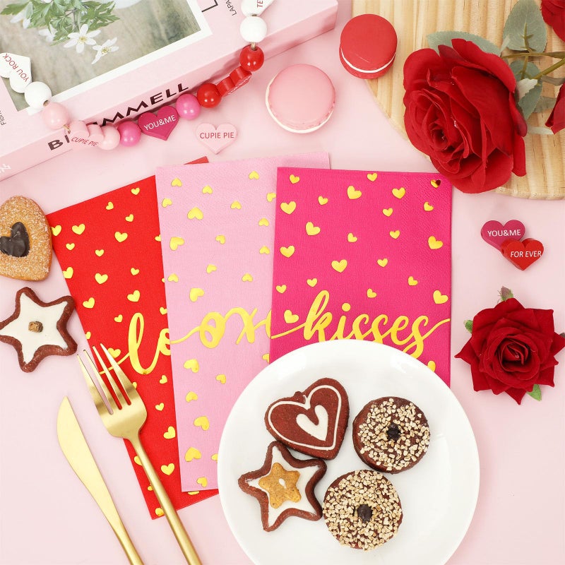 Whaline Whaline 75Pcs Valentine's Day Guest Paper Napkins Red Pink Gold Foil 3 Ply Disposable Napkins Love XOXO Kisses Dinner Hand Towel Napkins for Holiday Wedding Anniversary Party Supplies  - Image 4