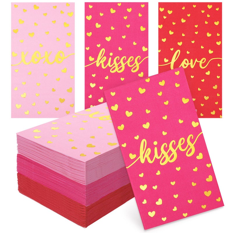 Whaline Whaline 75Pcs Valentine's Day Guest Paper Napkins Red Pink Gold Foil 3 Ply Disposable Napkins Love XOXO Kisses Dinner Hand Towel Napkins for Holiday Wedding Anniversary Party Supplies  - Image 1