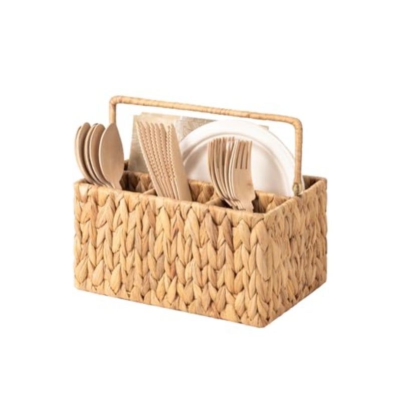 Hand-Woven Wicker Silverware Organizer - Water Hyacinth Cutlery Holder for Countertop with Handle 1-Pack - Image 1