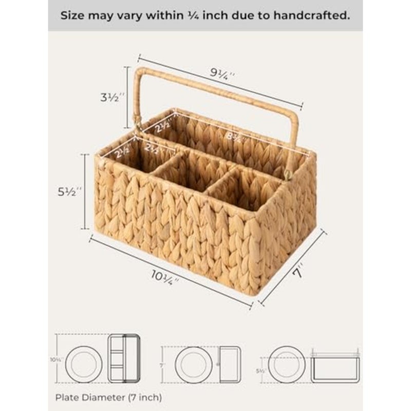 Hand-Woven Wicker Silverware Organizer - Water Hyacinth Cutlery Holder for Countertop with Handle 1-Pack - Image 2