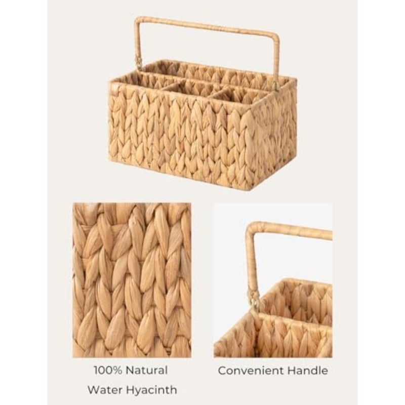 Hand-Woven Wicker Silverware Organizer - Water Hyacinth Cutlery Holder for Countertop with Handle 1-Pack - Image 3