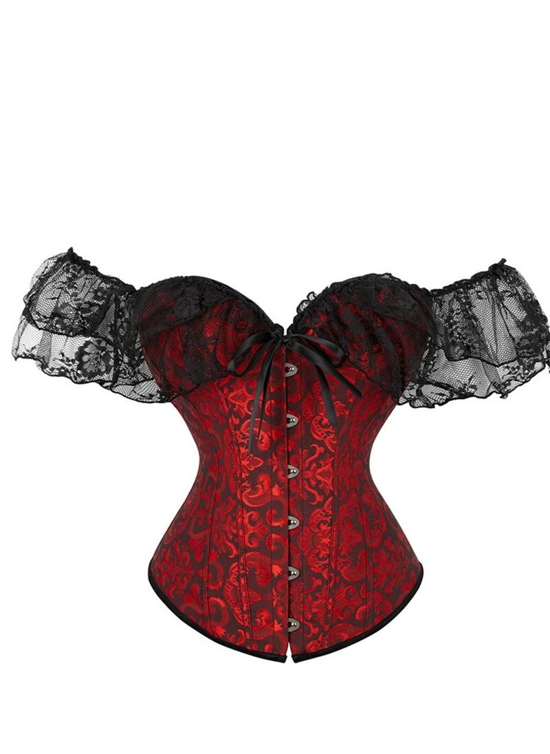 Loquat Jacquard Lace Shoulder Strap Court Corset Wine Red  - Image 1