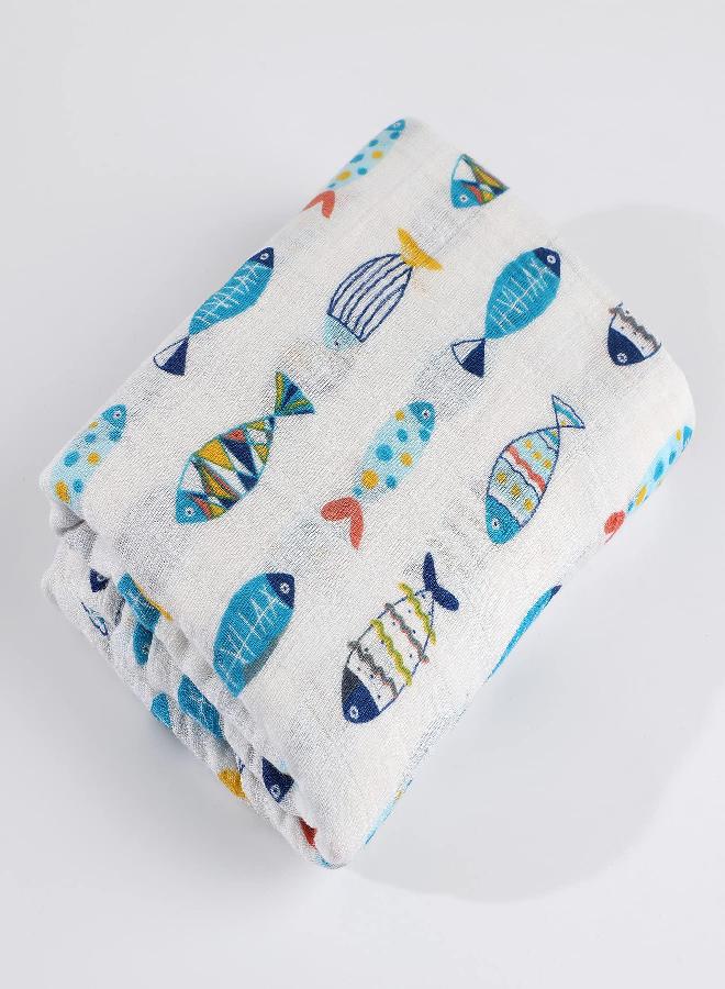 SANNIX Muslin Swaddle Blankets Girl Receiving Baby Blanket Boy Swaddle Blankets for Baby Boy Cute Fish Print Baby Blanket - Lightweight, Breathable, Large 47 x 47 inches