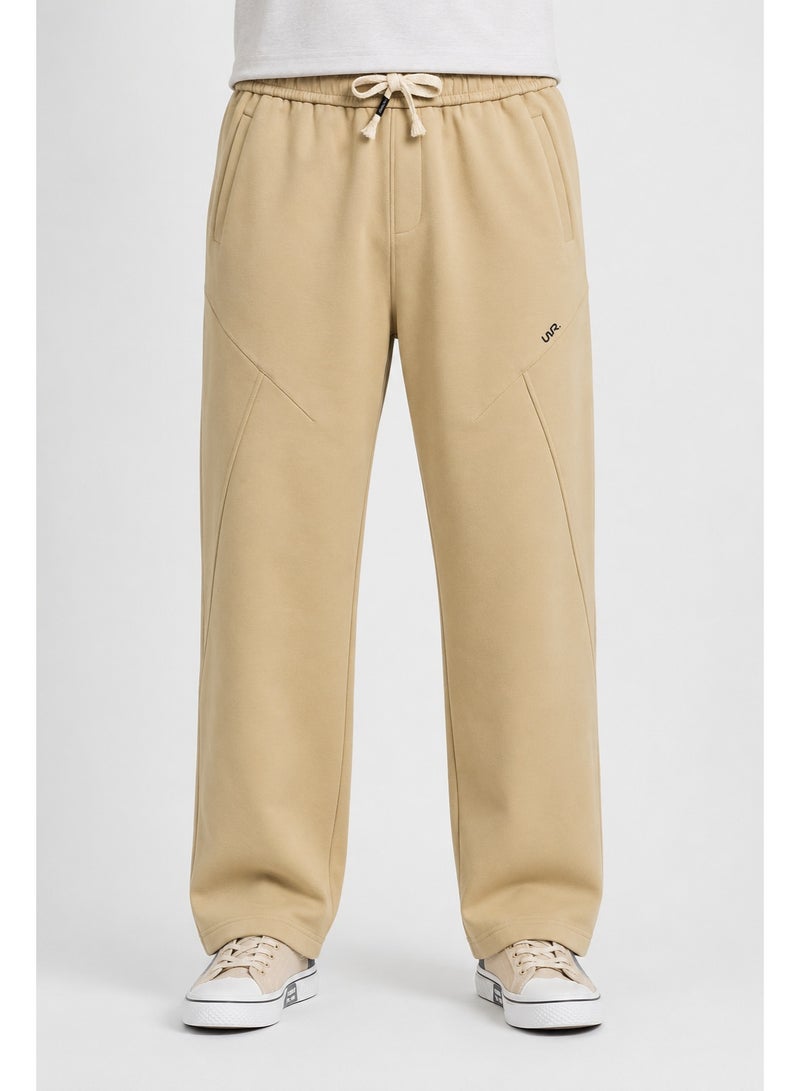 WHITE RABBIT Men's Premium Cotton Wide-Leg Sweatpants – Relaxed Fit Joggers with Contrast Braided Drawstring - Beige - Image 1