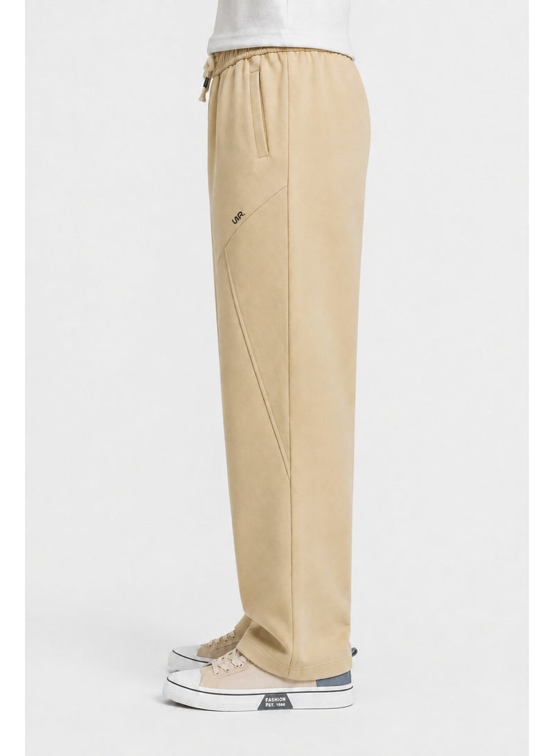 WHITE RABBIT Men's Premium Cotton Wide-Leg Sweatpants – Relaxed Fit Joggers with Contrast Braided Drawstring - Beige - Image 4
