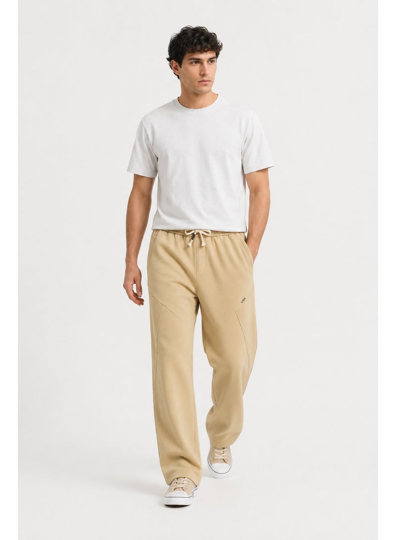 WHITE RABBIT Men's Premium Cotton Wide-Leg Sweatpants – Relaxed Fit Joggers with Contrast Braided Drawstring - Beige - Image 5