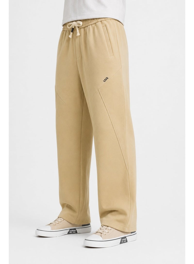 WHITE RABBIT Men's Premium Cotton Wide-Leg Sweatpants – Relaxed Fit Joggers with Contrast Braided Drawstring - Beige - Image 5