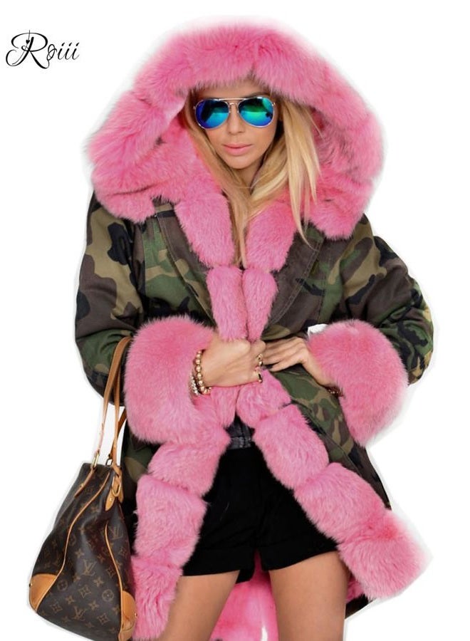 Roiii Women Thicken Warm Winter Coat Hood Down Parka Fleece Fur Outdoor Overcoat Long Jacket Outwear - Image 2