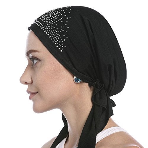 IPENNY Crystal Chemo Hat Woman's Stretchy Beanie Bandana Turban Cap Skull Cap Head Wrap Headscarf for Cancer,Alopecia Hair Loss (Black) - Image 1