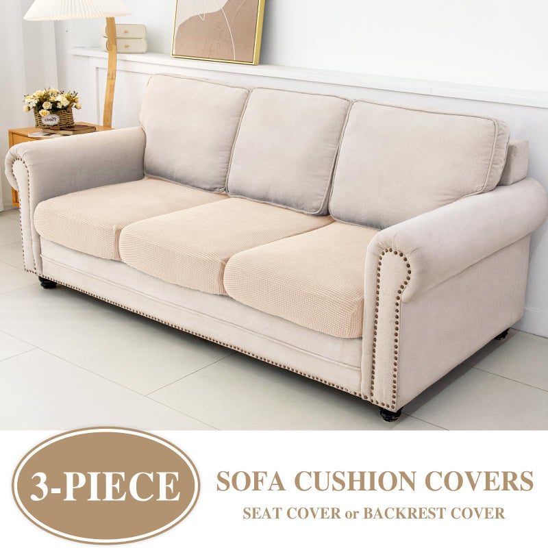 LA MEACK Couch Cushion Covers Seat Cushion Cover Stretch Couch Cover Separate Sectional Sofa Slipcovers Furniture Protector(3 Pieces for Seat or Sofa Backrest, Natural) - Image 2