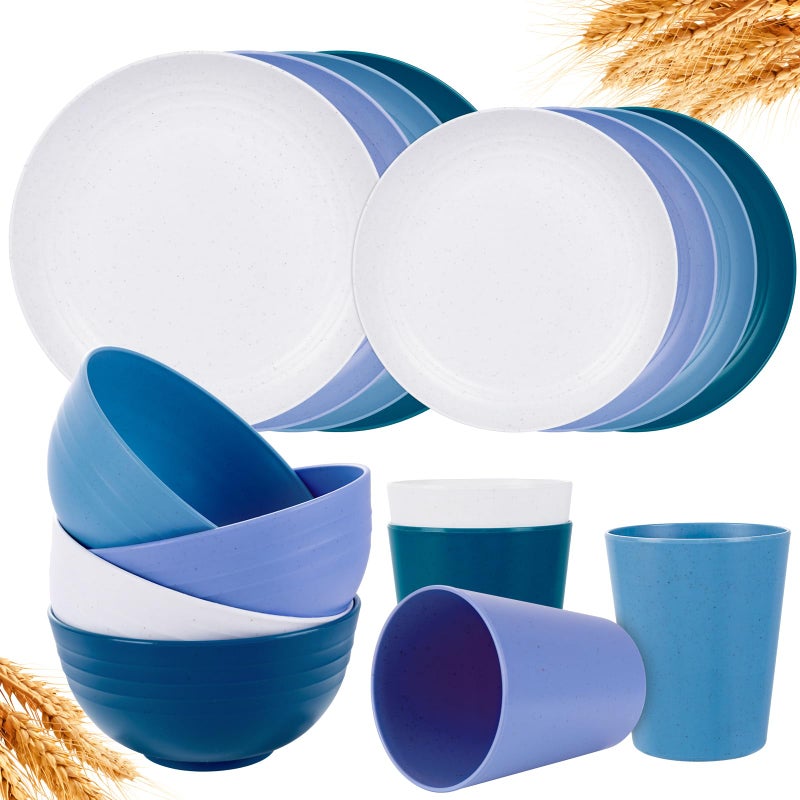 Rubtlamp 16pcs Wheat Straw Dinnerware Set, Unbreakable Plates And Bowls Sets of 4, Plastic Plates Set Reusable (Cold Four Colors) for Camping - Image 1