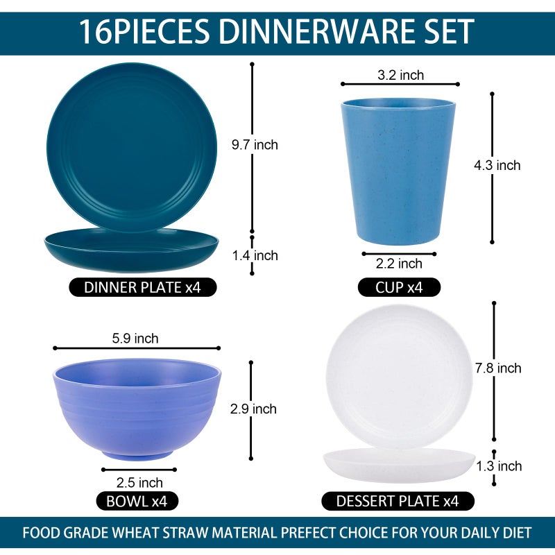 Rubtlamp 16pcs Wheat Straw Dinnerware Set, Unbreakable Plates And Bowls Sets of 4, Plastic Plates Set Reusable (Cold Four Colors) for Camping - Image 2