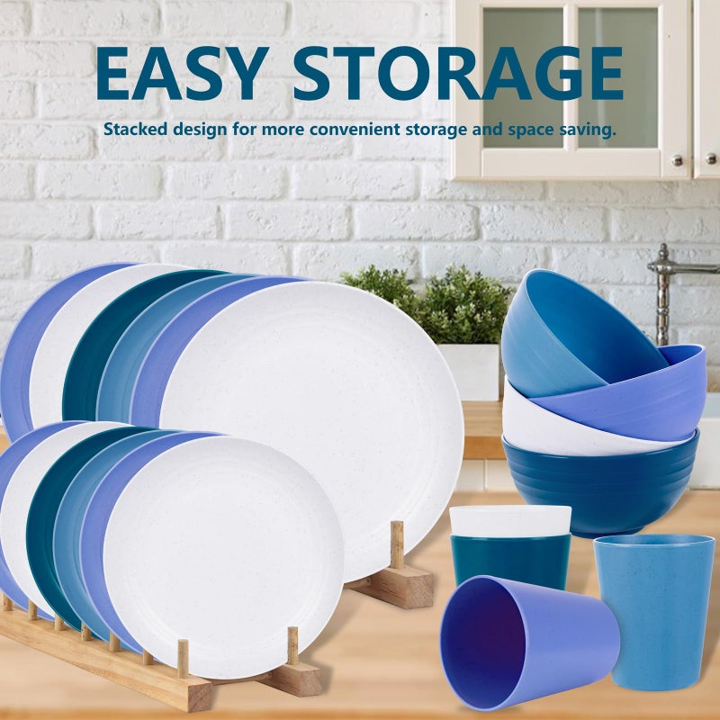 Rubtlamp 16pcs Wheat Straw Dinnerware Set, Unbreakable Plates And Bowls Sets of 4, Plastic Plates Set Reusable (Cold Four Colors) for Camping - Image 4