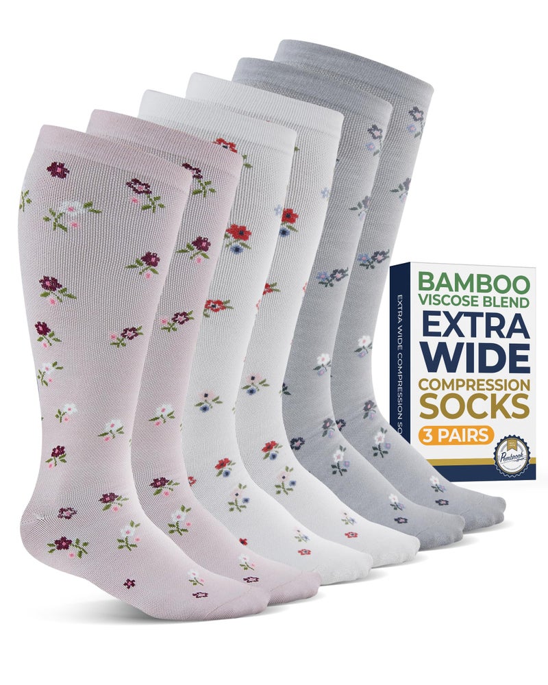 Pembrook 3 Pairs Plus Size Compression Socks Wide Calf - 15-20 mmHg Bamboo Viscose Extra Wide Calf Compression Socks Women, Compression Socks for Women Plus Size, Little Flowers 3XL - Image 1