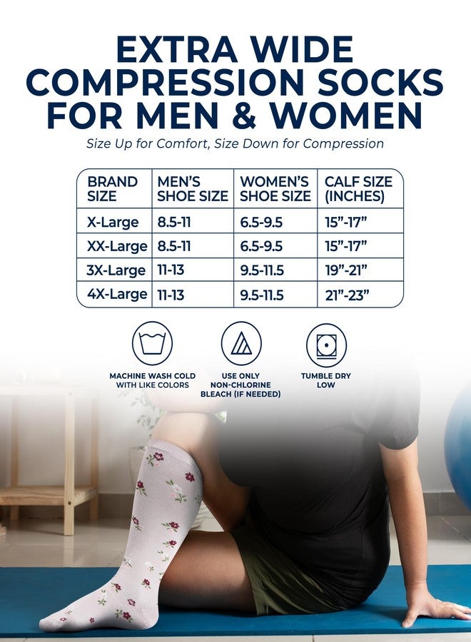 Pembrook 3 Pairs Plus Size Compression Socks Wide Calf - 15-20 mmHg Bamboo Viscose Extra Wide Calf Compression Socks Women, Compression Socks for Women Plus Size, Little Flowers 3XL - Image 4