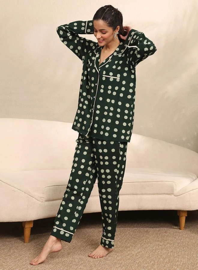 Libas Dark Green Polka Dot Shirt And Pants Set