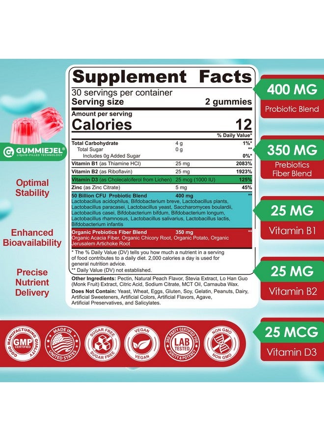 NEVISS Probiotic + Prebiotic Gummies for Adults & Kids 4+ (Made in USA), Sugar Free Chewable 50 Billion CFUs w/Fiber, Vitamin B1 B2 D3 & Zinc, for Digestive & Gut Health, Boost Microflora Diversity, 60 Cts - Image 2