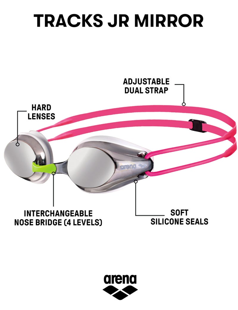 ARENA Tracks Unisex Junior Youth Essential Racing Swim Goggles Kids Swimmers Young Racers 6-12 Anti-Fog Coated Mirror Lens, Silver/White/Fuchsia - Image 2