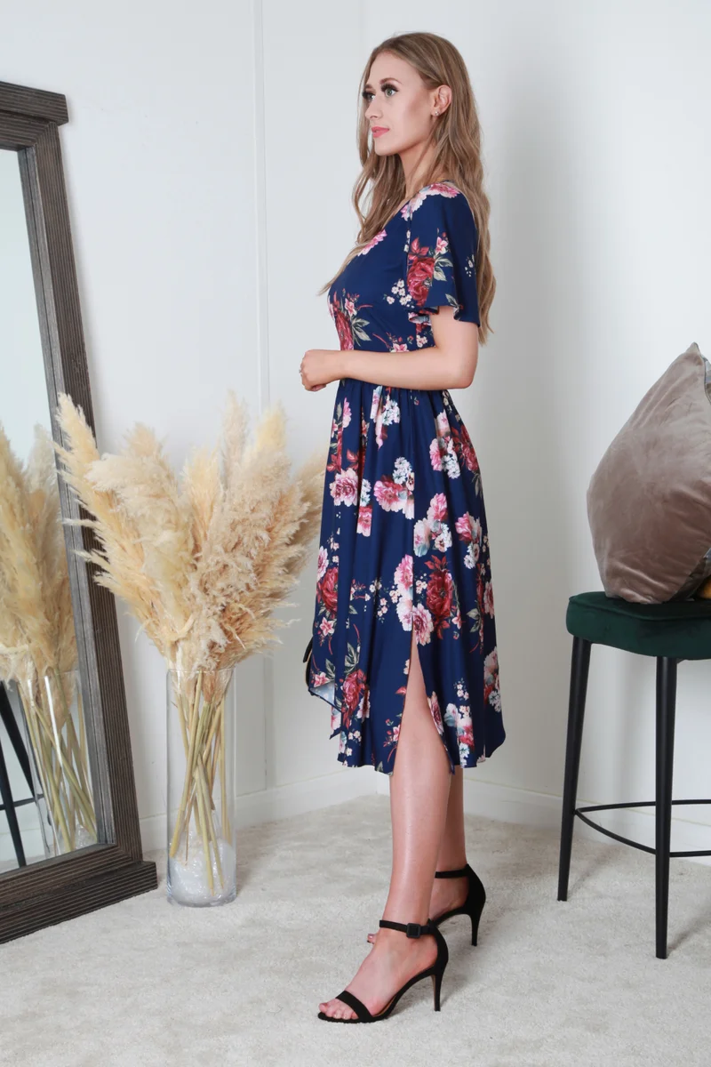 V-Neck Hanky Hem Pleated Floral Dress