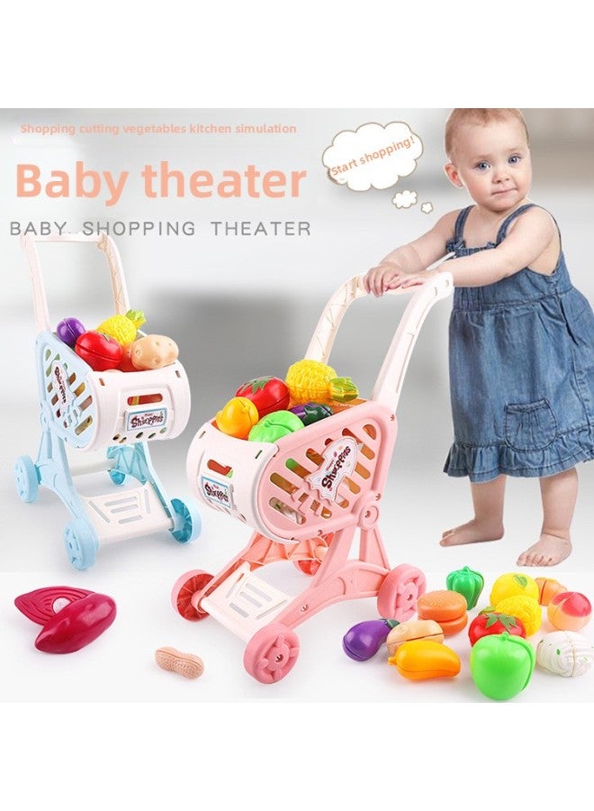 Children's Shopping Cart Play House Simulation Supermarket Trolley Baby Cutting Fruit And Vegetable Kitchen Suit Toys-Color:Pink Shopping Cart + Cutting Music - Image 2