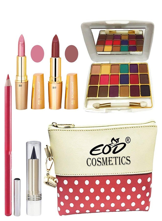 Eod True Color Stylish Perfect Beauty Combo (2 Creamy Matte Lipstick,18 Colors Eyeshadow,1 Lip Pencil,1 Kajal with multi-purpose MakeUp Pouch) A10 Set of 6 - Image 1