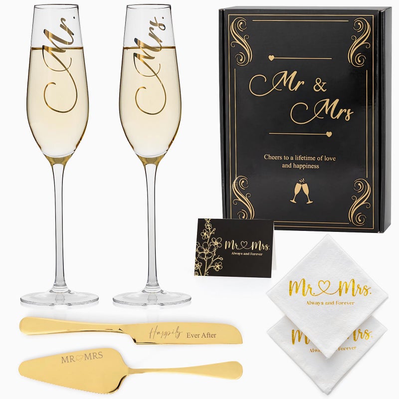 PuGez طقم سكين وكأس كعكة الزفاف، كؤوس شامبانيا للسيد والسيدة، كؤوس مزخرفة بالذهب للعروس والعريس مع مناديل كوكتيل، طقم تقطيع الكعكة للزفاف، هدايا خطوبة مخصصة للزوجين - Image 1