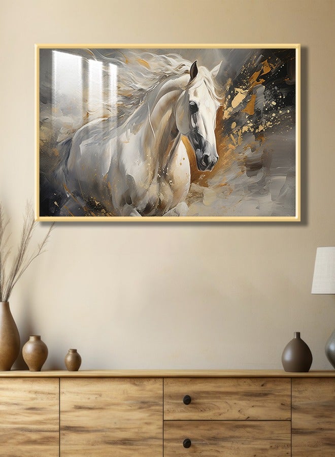 4gdran A luxurious wooden wall painting with a horse design, with a frame and a transparent acrylic layer  - Image 1