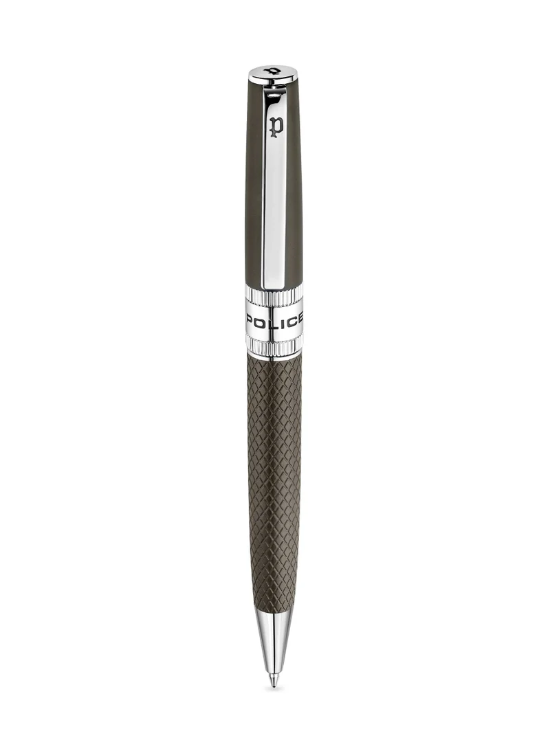 POLICE Serif.2 Grey Stainless Steel Textured Pen with Silver Trims, Blue Ink - 135 mm