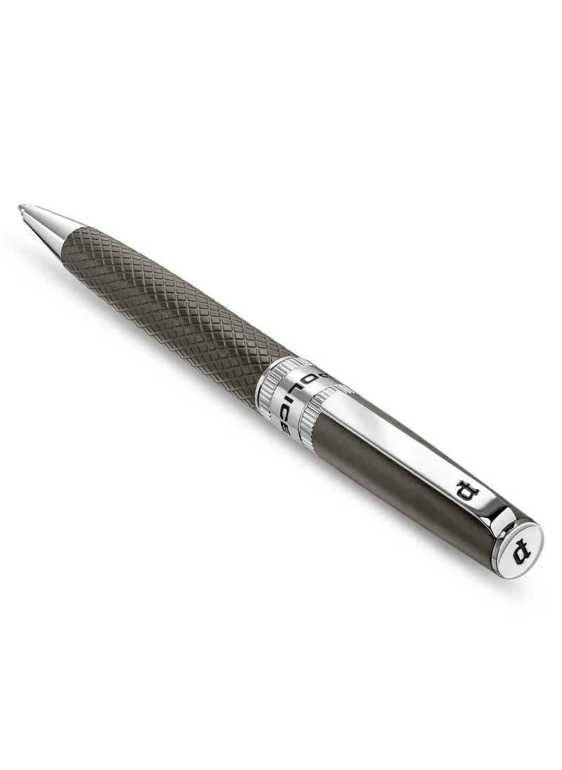 POLICE Serif.2 Grey Stainless Steel Textured Pen with Silver Trims, Blue Ink - 135 mm