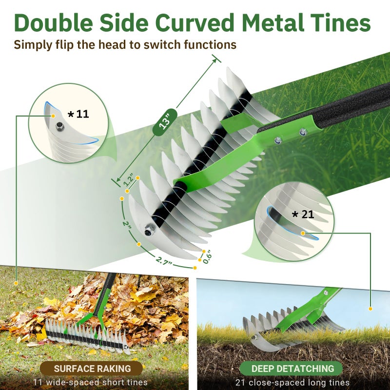 UIABOPZ Thatch Rake, 13" Wide Efficient Dethatcher Rake with 55" Adjustable Long Handle, Heavy Duty Steel Metal Dethatching Rakes for Cleaning Dead Grass, Loosening Soil, Lawn Care in Yard Garden - Image 4
