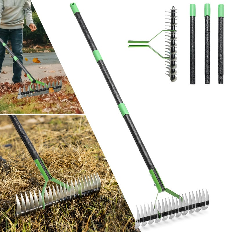 UIABOPZ Thatch Rake, 13" Wide Efficient Dethatcher Rake with 55" Adjustable Long Handle, Heavy Duty Steel Metal Dethatching Rakes for Cleaning Dead Grass, Loosening Soil, Lawn Care in Yard Garden - Image 1