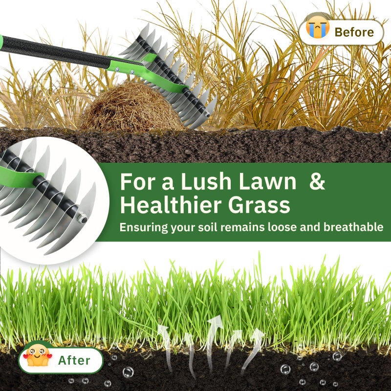 UIABOPZ Thatch Rake, 13" Wide Efficient Dethatcher Rake with 55" Adjustable Long Handle, Heavy Duty Steel Metal Dethatching Rakes for Cleaning Dead Grass, Loosening Soil, Lawn Care in Yard Garden - Image 3