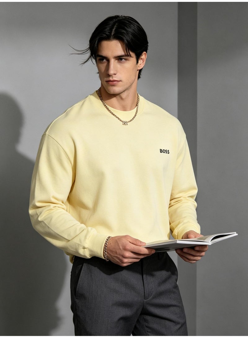 BOSS Men Pale Butter Yellow Crew Neck Sweatshirt Bright Casual Weekend Outdoor Outfit Yellow - Image 1