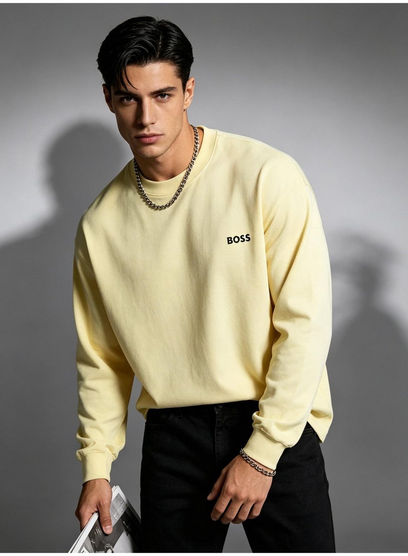 BOSS Men Pale Butter Yellow Crew Neck Sweatshirt Bright Casual Weekend Outdoor Outfit Yellow - Image 5