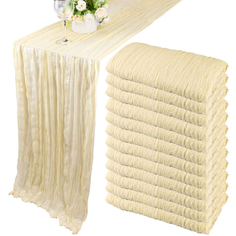 Fivenl 12 Pack 10Ft Cheesecloth Table Runner 35x120 Inch Boho Gauze Rustic Cheese Cloth Long Romantic Table Runner for Wedding Bridal Shower Birthday Party Table Decor (Beige) - Image 1